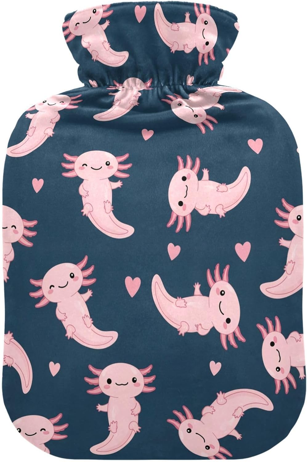 Hot Water Bottle with Cover Axolotl Heart Cartoon Navy Print Hot Water Bag for Pain Relief Heating Packs Large Hot Bag for Neck Shoulder Pain Cramps Hand Feet Warmer 2L