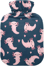 Hot Water Bottle with Cover Axolotl Heart Cartoon Navy Print Hot Water Bag for Pain Relief Heating Packs Large Hot Bag for Neck Shoulder Pain Cramps Hand Feet Warmer 2L