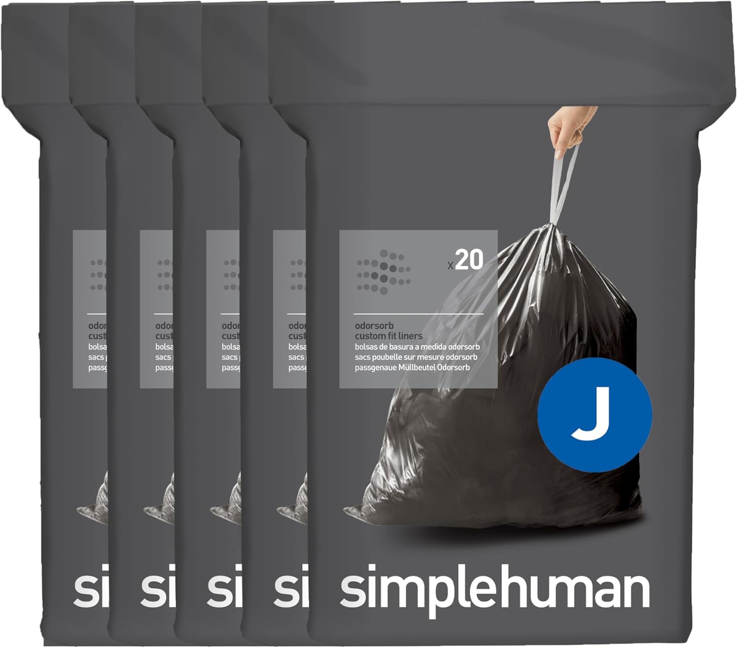 simplehuman Code J 100 Count Odorsorb Custom Fit Liners, Drawstring Odor Absorbing Trash Bags, One-by-One Mess-Free Dispense, Extra Thick & Double Seamed, 50% PCR Plastic, 30-45 Liter / 8-12 Gallon