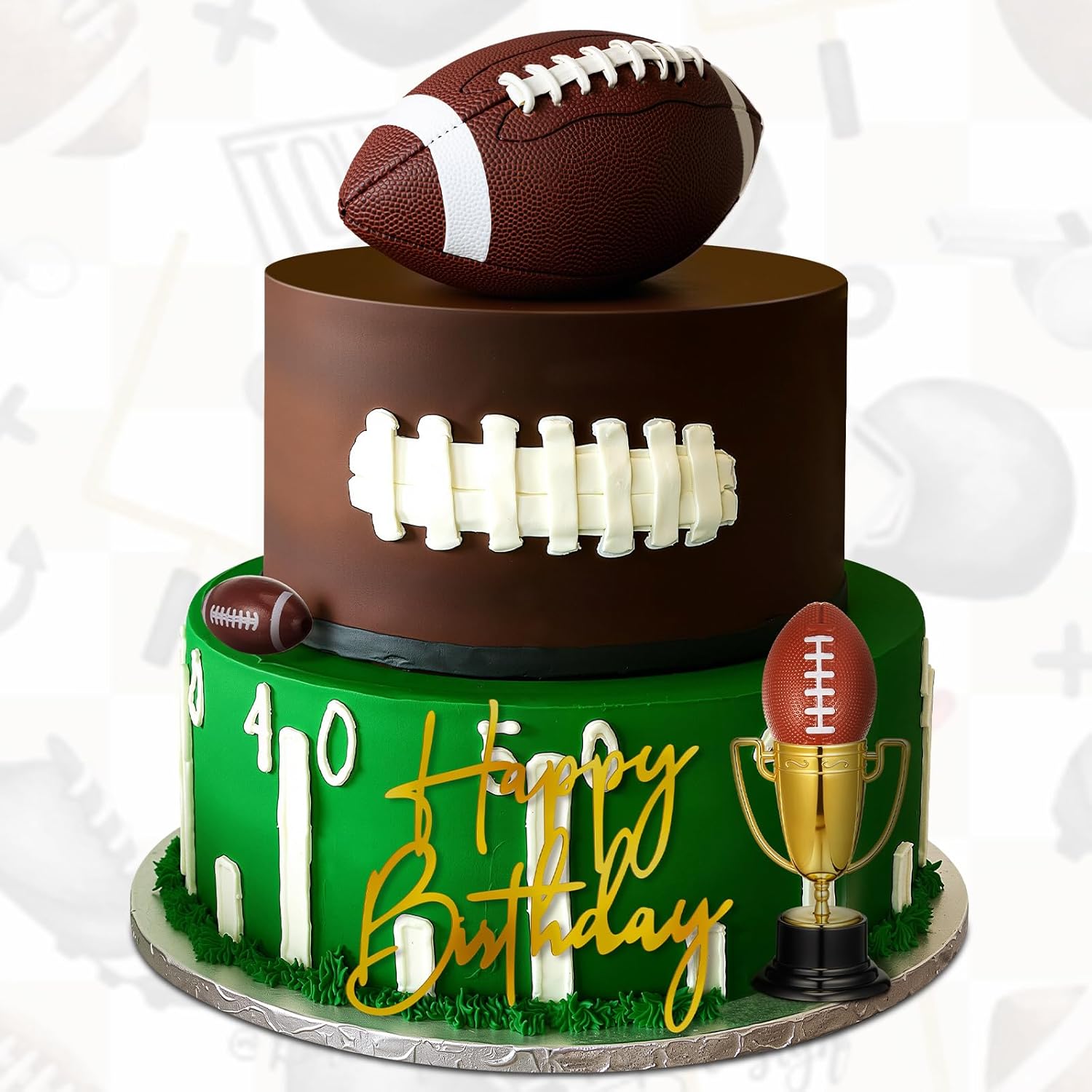 VioraWhite Large Football Cake Toppers 8pcs Include 5 Balls of Different Sizes 2 Trophies and 1 Happy Birthday Sign for Cake Decoration Sport Theme Party Ceremony