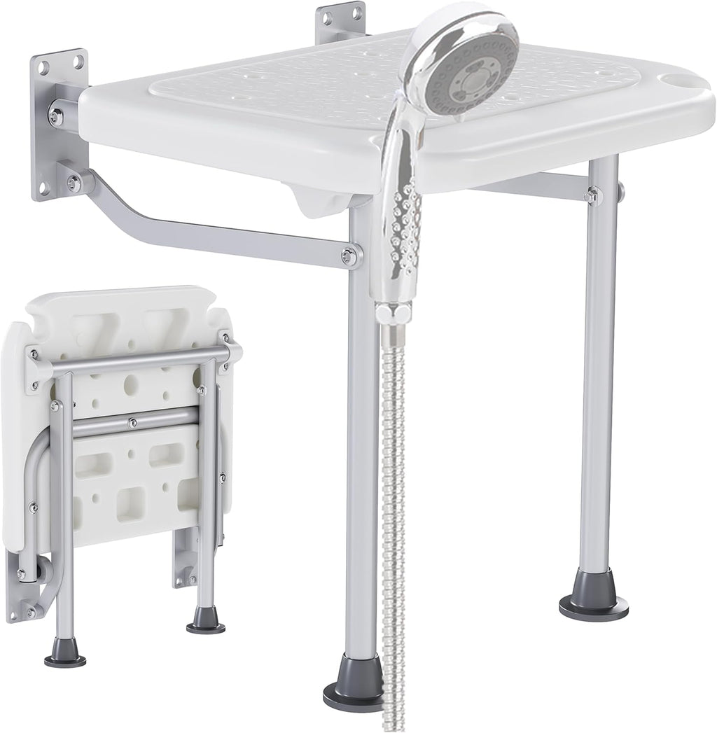 KUAFU Folding Shower Seat, Wall Mounted Bathroom Bathtub Safety Stool, Foldable Shower Chair W/Support Legs for Inside Shower, Bath Bench Pregnant Woman, Seniors, Elderly and Disabled White 400LBS