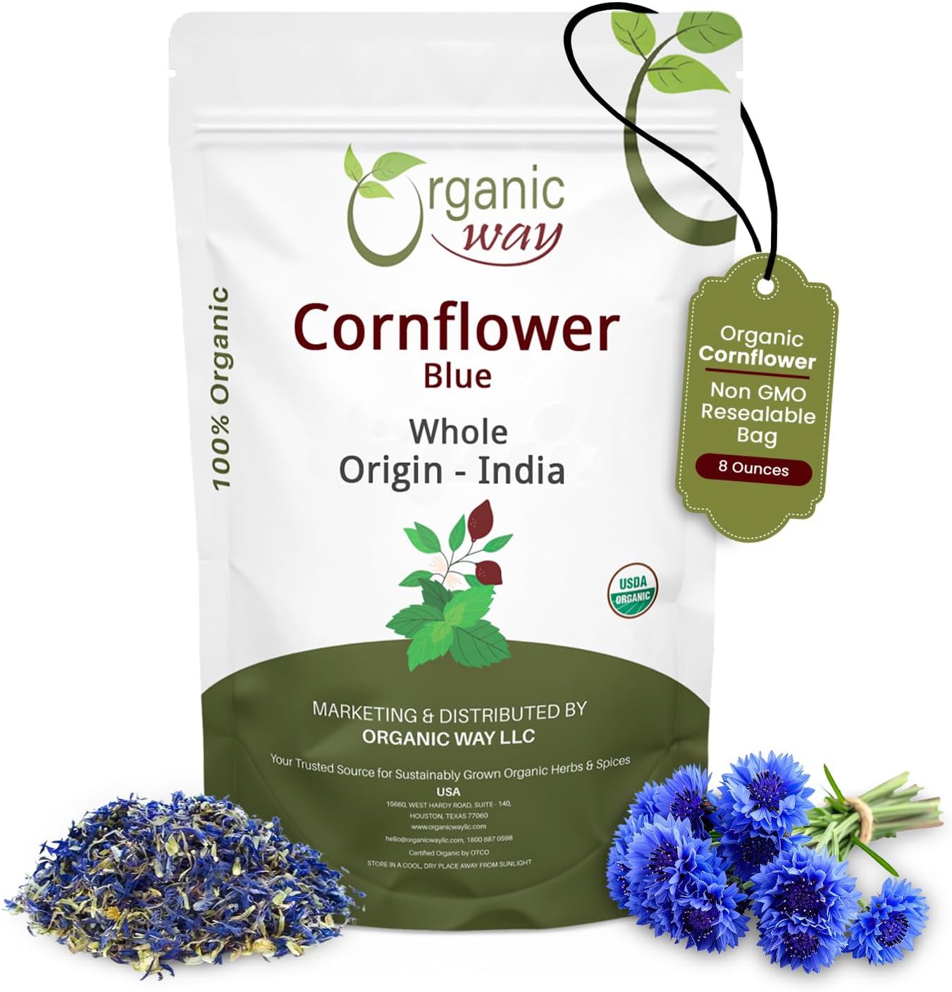 Organic Way Premium Cornflower Blue Whole (Centaurea Cyanus) - Herbal Tea | European Wild-Harvest | USDA & Kosher Certified | Vegan, Non GMO & Gluten Free | Origin - Albania (8 Oz)