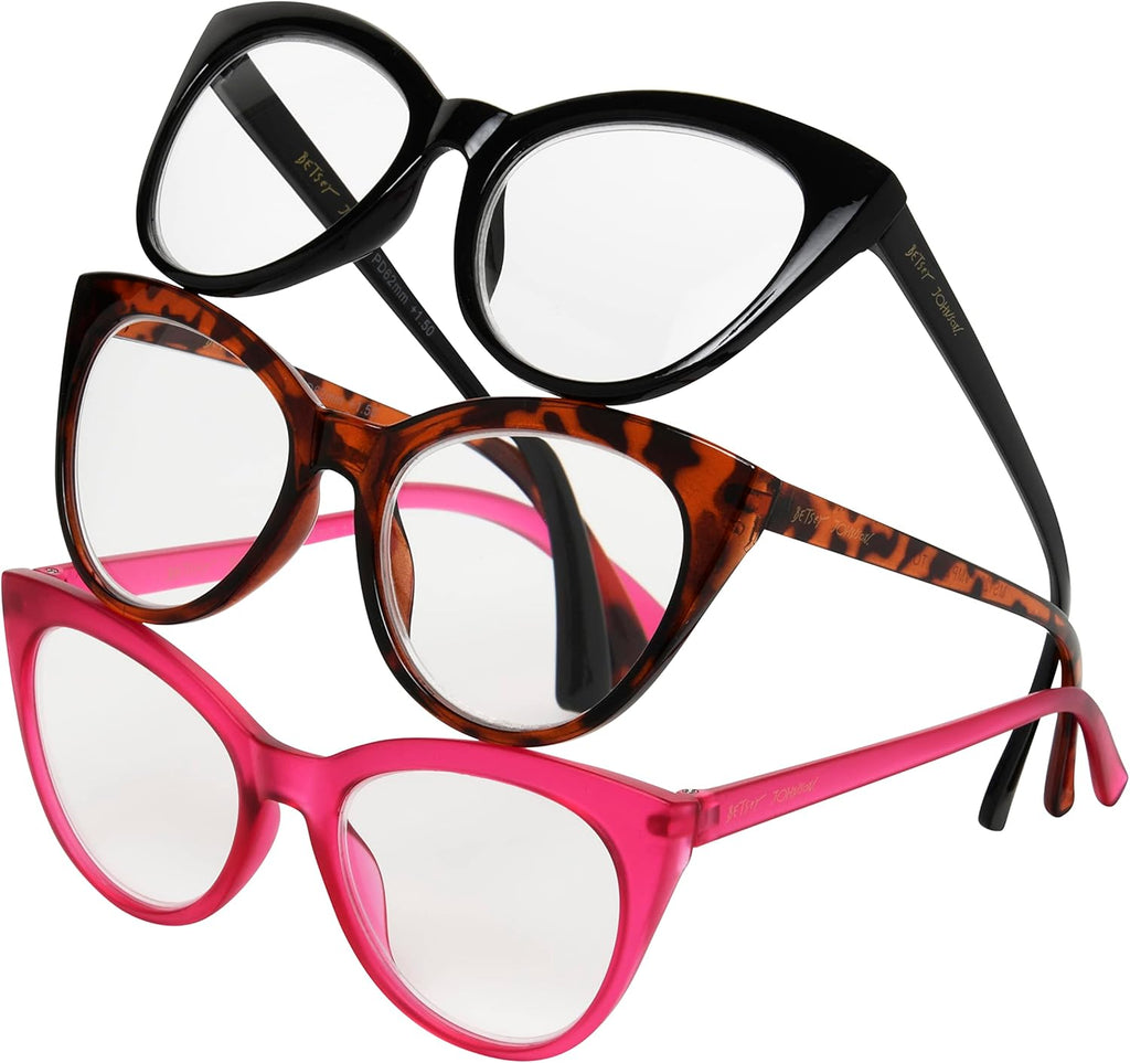 Betsey Johnson Women's Plaid 3 Pack Reading Glasses Cat Eye, Black, Tortoise, Magenta, 1.5X + 1.5