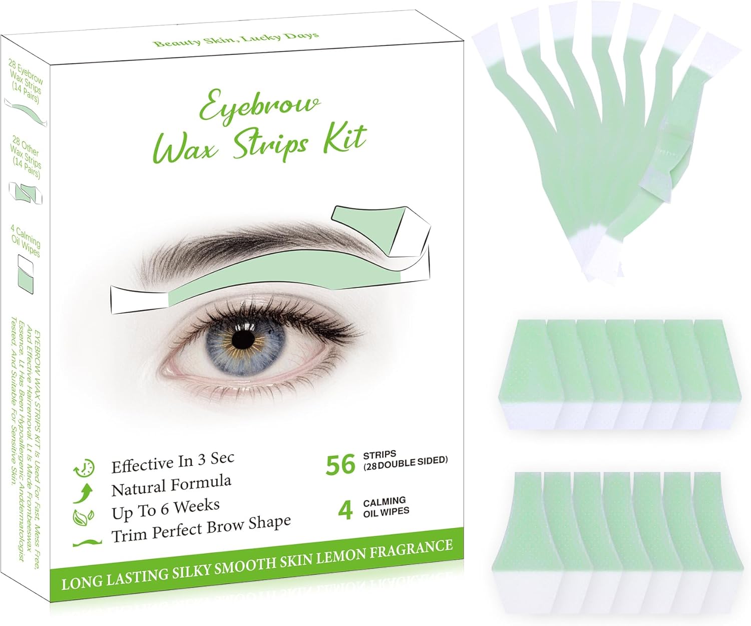 Eyebrow Wax Strips - 56 Strip Eyebrow & Upper Lip Hair Remover with 4 Soothing Wipes | Natural Beeswax Formula | Painless at Home Hair Removal for Women & Sensitive Skin | Lasts 6 Weeks