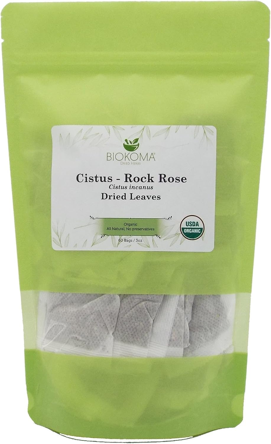 Biokoma Organic Cistus Rock Rose Tea Bags 60 Count Cistus Incanus Dried Leaves USDA Organic Herbal Tea Immune Respiratory Support Resealable Pouch Caffeine-Free Pure No Preservatives Non GMO Kosher