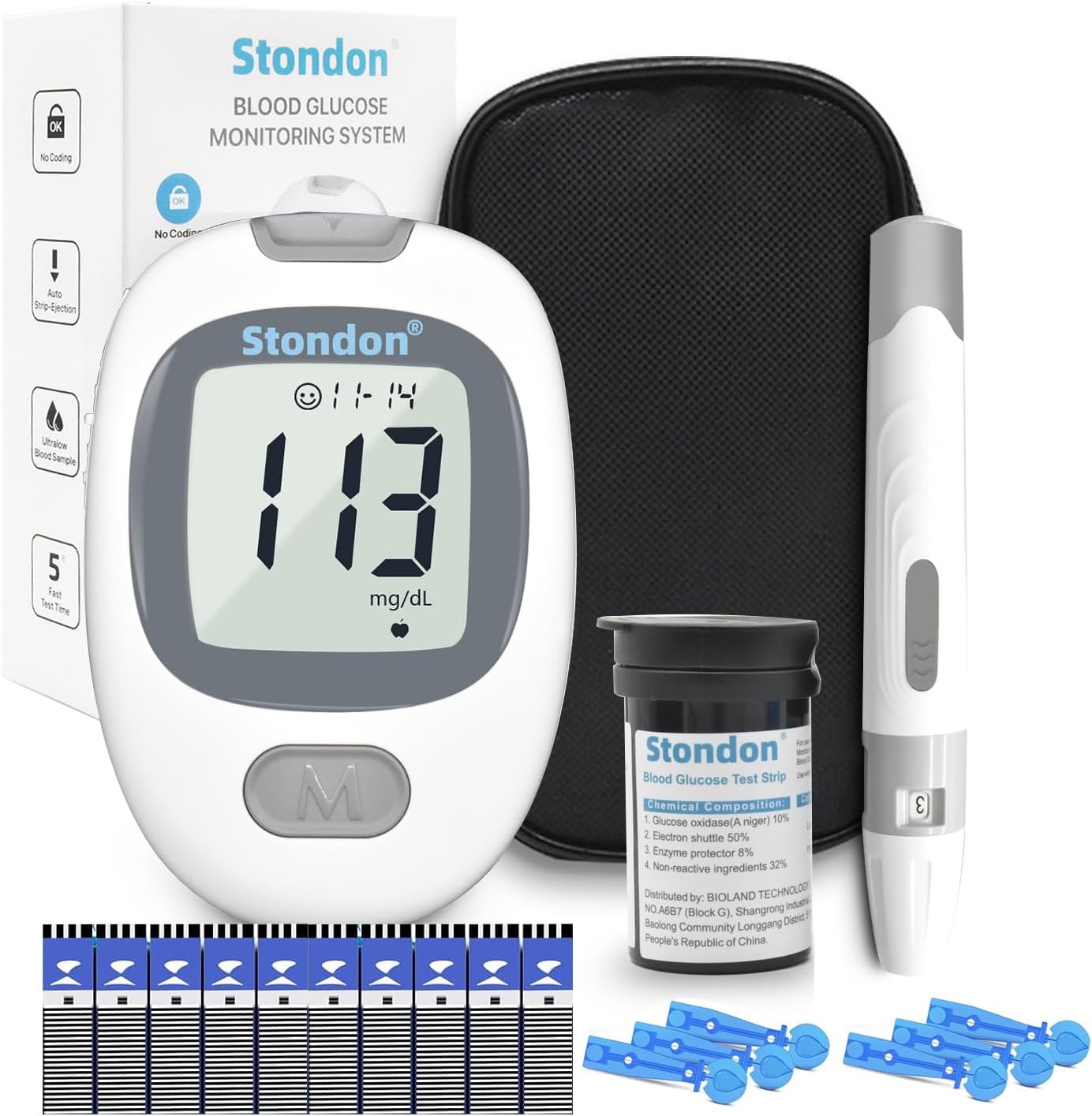 G430 Blood Glucose Monitor Kit, 50 Test Strips & 50 Lancets, 1 Control Solution, 1 Blood Sugar Monitor, 1 Lancing Device, Diabetes Testing Kit, No Coding, Large Display, Glucometer for Home Use