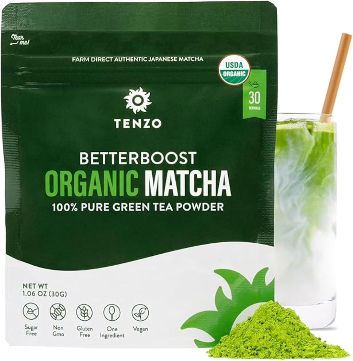 Tenzo Matcha Green Tea Powder - USDA Organic Premium Grade - Authentic Japanese Matcha Tea - Latte Powder - BetterBoost (1.06 Ounce)