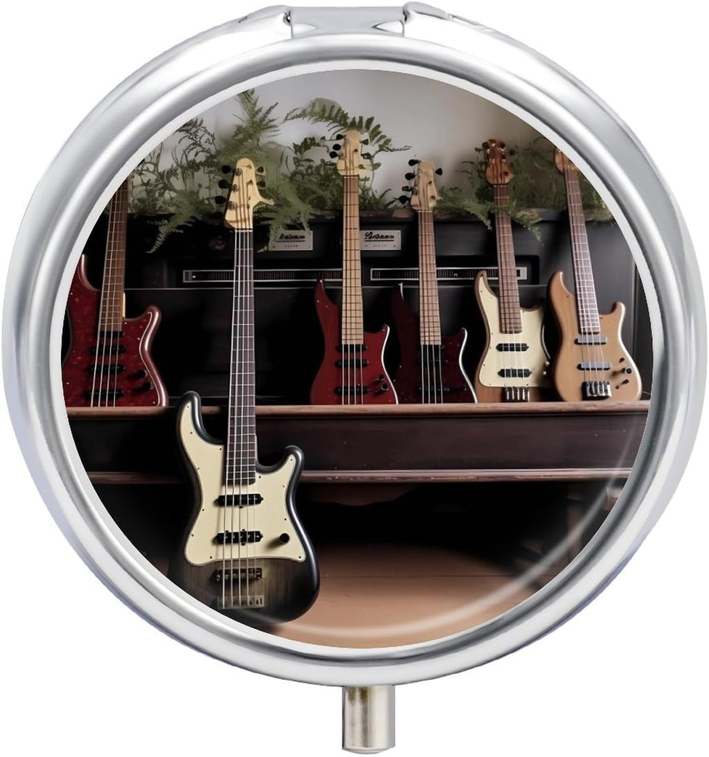 Pill Box Guitar Bass Music Musical Instruments Round Pill Case 3 Compartment Mini Metal Travel Pillbox for Purse Small Cute Medicine Pill Organizer Portable Pill Container Holder for Daily Medicine Vi
