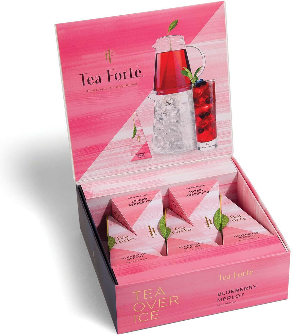 Tea Forte Tea Over Ice Blueberry Merlot Premium Organic Caffeine-Free Herbal Iced Tea Blend, 5 Count Individually Wrapped Handcrafted Pyramid Infuser Tea Bags, Each Steeps 24 oz.