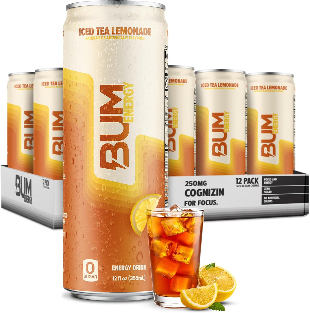 BUM Sugar-Free Energy Drink, Iced Tea Lemonade - No Artificial Colors, Natural Caffeine & Citicoline for Energy & Focus, Brain Boost & Workout Sports Beverage - 12 oz, Pack of 12
