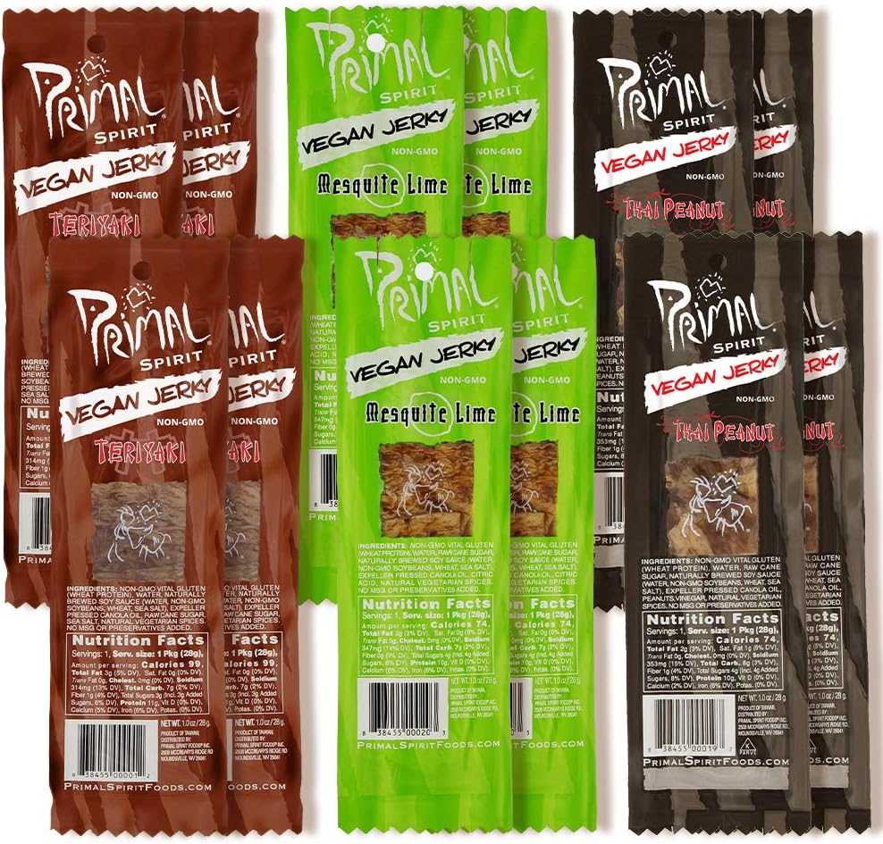 Primal Spirit Vegan Jerky - Seitan Power Pack, 10 g. Plant Based Protein, Certified Non-GMO, No Preservatives ("The Classics" Teriyaki, Thai Peanut, and Mesquite Lime, 12-Pack, 1 oz)