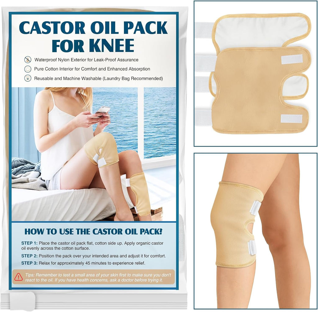 2 Pack Castor Oil Pack Wrap, Castor Oil Wrap for Knee Elbow Arm& Thigh, Reusable & Washable Organic Cotton Patch, Castor Oil Compress Pads with Adjustable Velcro Elastic Strap