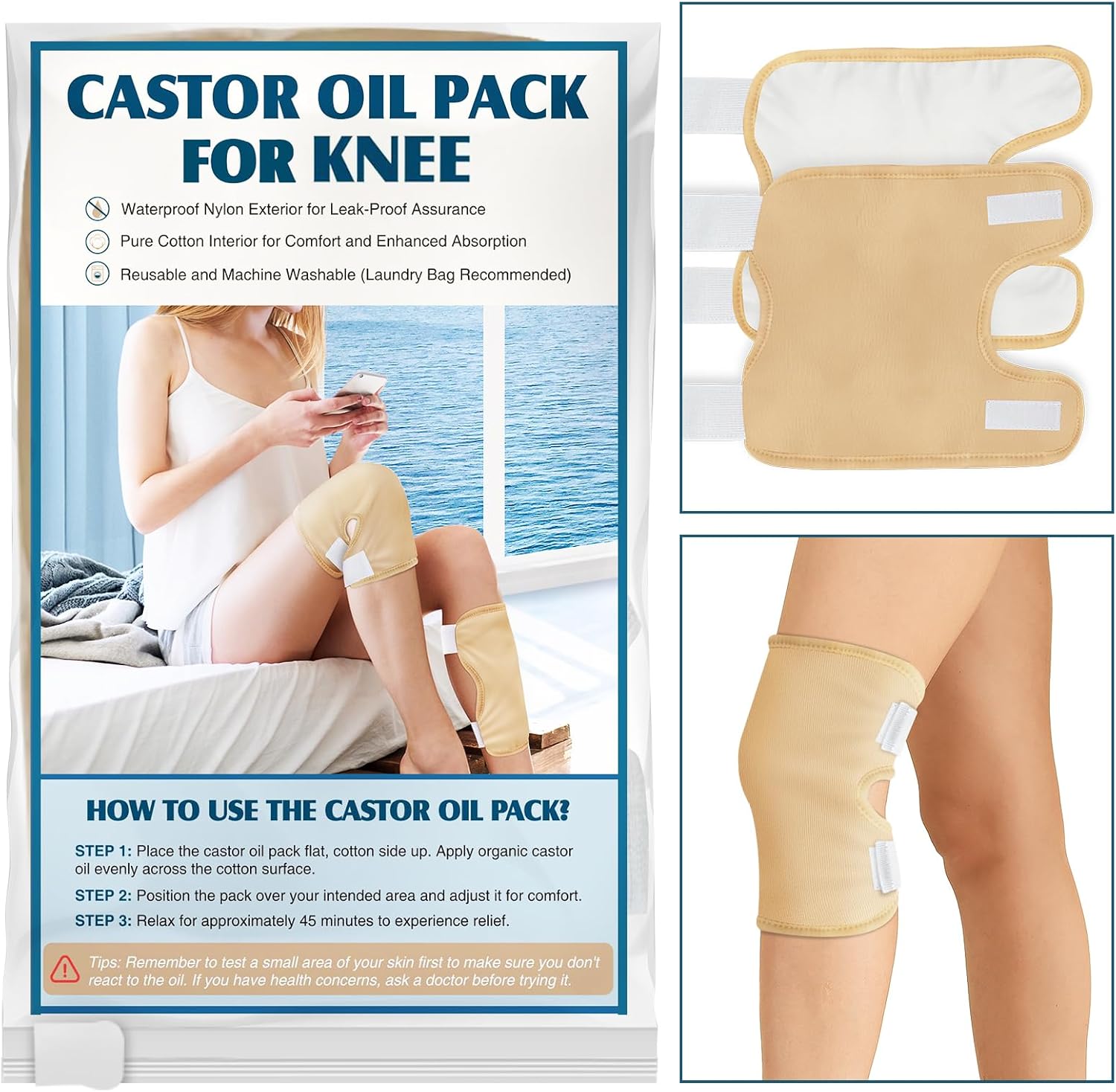 2 Pack Castor Oil Pack Wrap, Castor Oil Wrap for Knee Elbow Arm& Thigh, Reusable & Washable Organic Cotton Patch, Castor Oil Compress Pads with Adjustable Velcro Elastic Strap