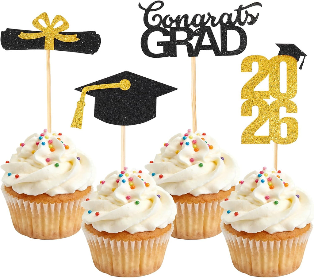 Graduation Cupcake Toppers 2026, Graduation Decorations 2026, 24 PCS Glitter Gold Congrats Grad Diploma Grad Cap Cupcake Toppers Picks Cake Decorations for Class of 2026 Graduation Party Decorations