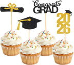 Graduation Cupcake Toppers 2026, Graduation Decorations 2026, 24 PCS Glitter Gold Congrats Grad Diploma Grad Cap Cupcake Toppers Picks Cake Decorations for Class of 2026 Graduation Party Decorations