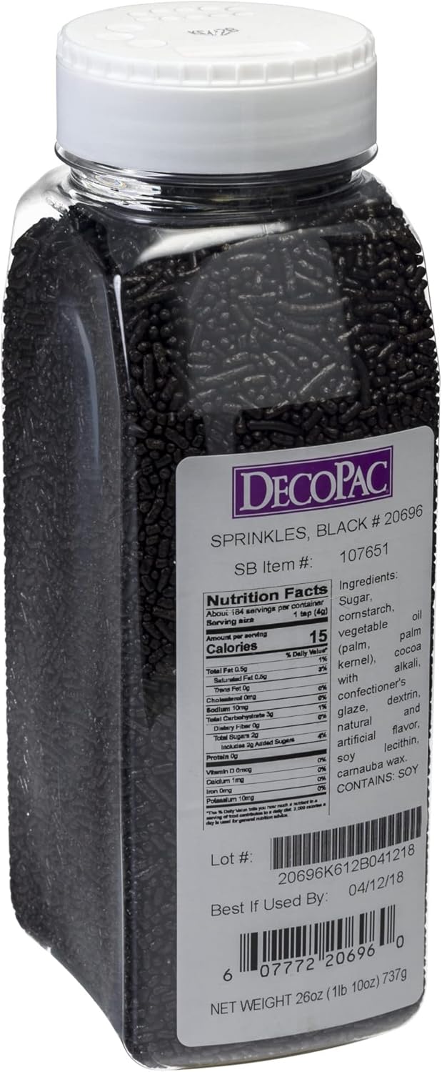 DecoPac Black Sprinkles | Extra Large 26oz Pack | Cake Sprinkle Mix, Fancy Sprinkles For Cake Decorating, Handheld Container, Candy Sprinkles, Cake Sprinkles - Black