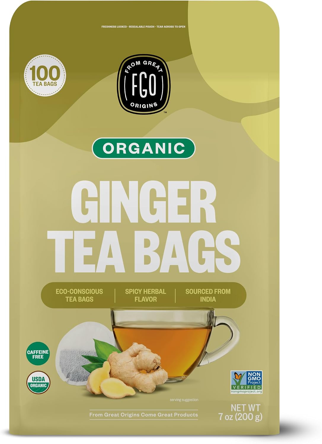 FGO Organic Ginger Tea, Caffeine Free, 100 Count, Eco-Conscious Tea Bags, Resealable Bag, Packaging May Vary (Pack of 1)