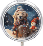 Merry Christmas Cute Dog Snowman Pill Box Portable Mini Travel Pill Organizer Holder 3 Compartment Decorative Round Pills Case Exquisite Daily Vitamin Container for Cod Liver Oil