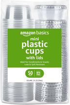 Amazon Basics Disposable Plastic To-Go Cups and Lids, Mini, 2oz, 50 Count, BPA Free, for Condiment, Salad Dressing, Sauces, Jello Shots