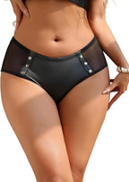 comeondear Women Faux Leather Underwear Panties with Punk Rivet Sexy Mesh Back Boyshorts Plus Size Leather Cheeky Briefs