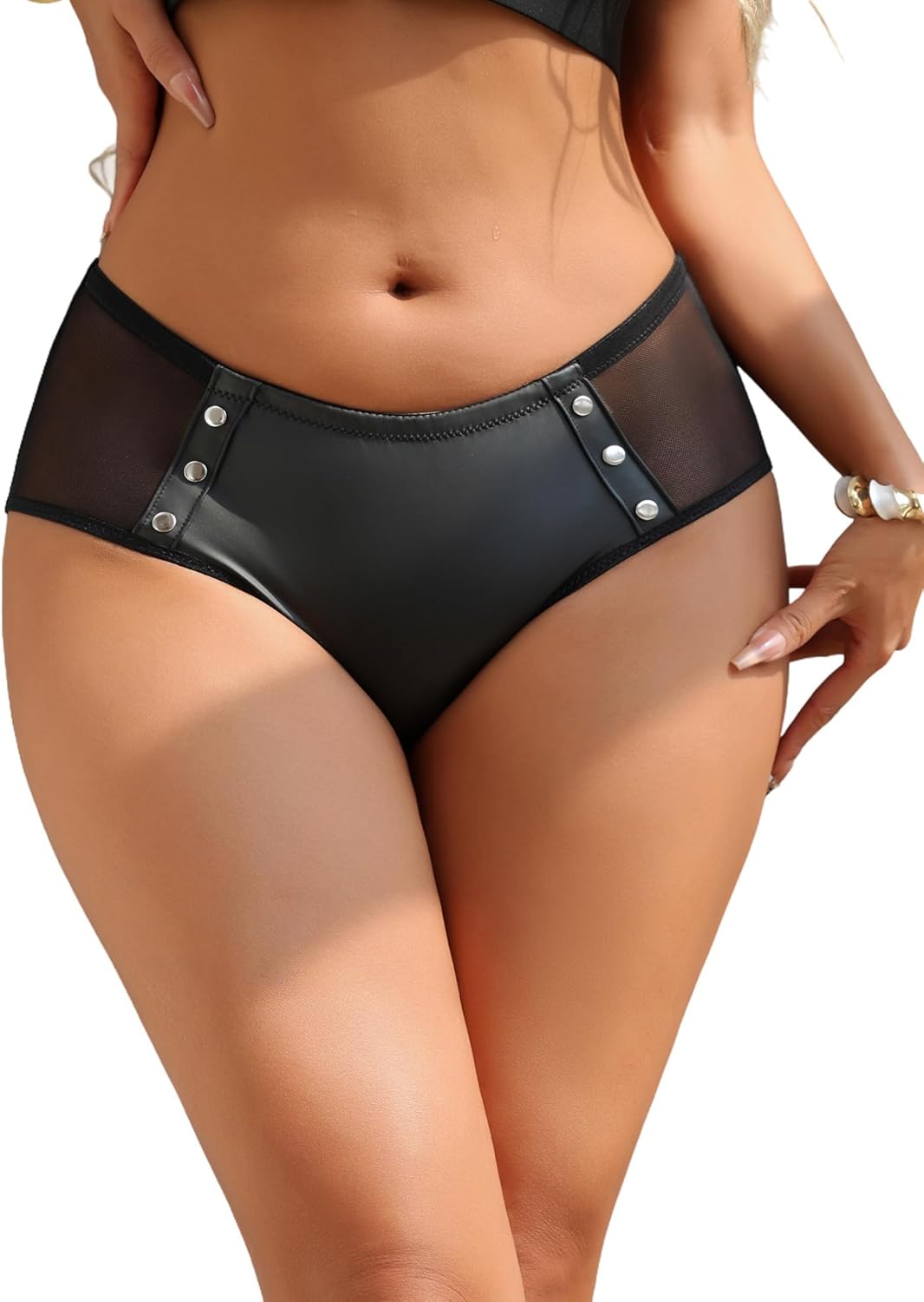 comeondear Women Faux Leather Underwear Panties with Punk Rivet Sexy Mesh Back Boyshorts Plus Size Leather Cheeky Briefs