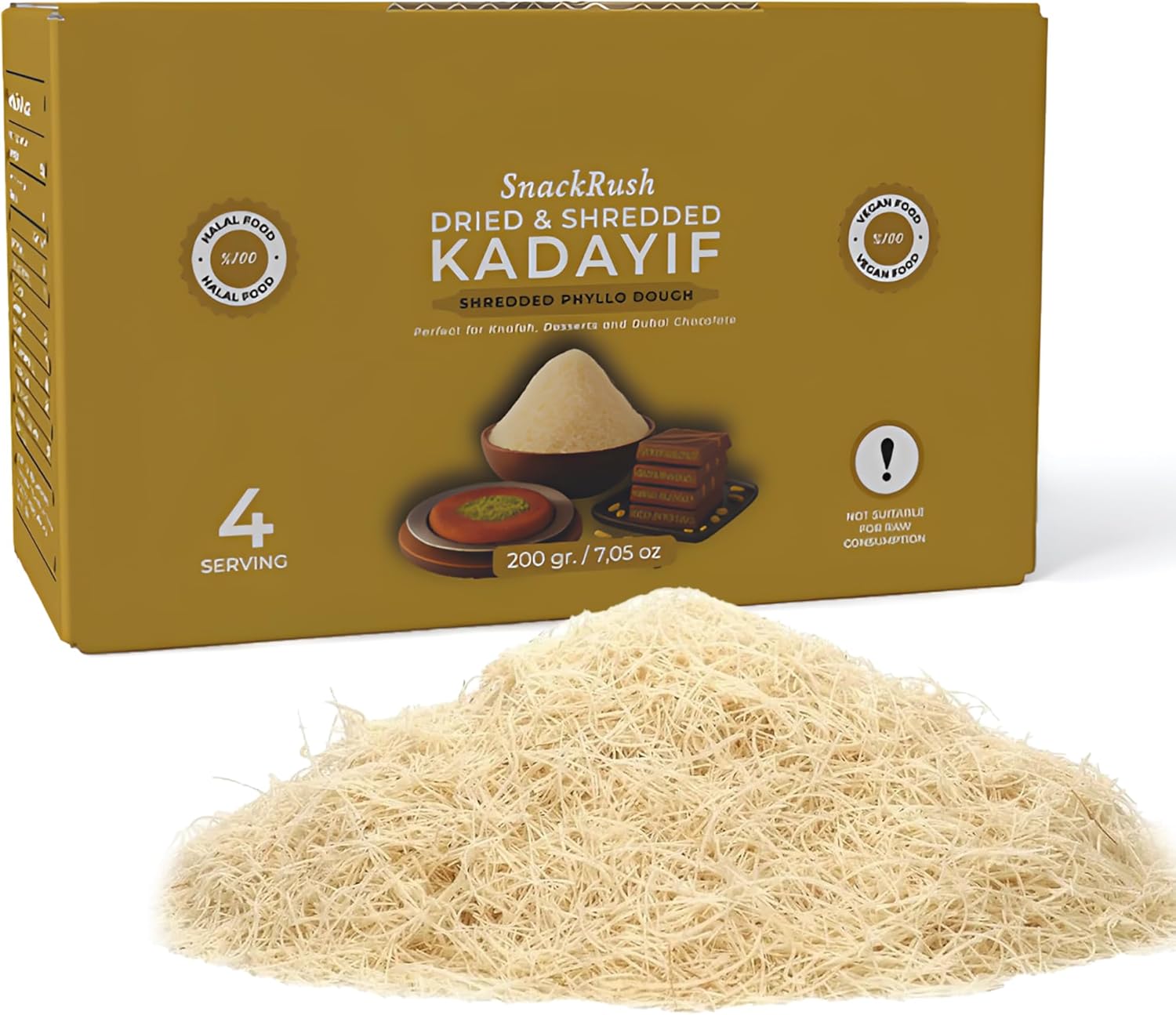 SnackRush Dried & Chopped Kadayif – Shredded Phyllo Dough 200g (0.44lb) | Perfect for Kunafa, Knafeh, Dubai Chocolate, Pistachio Cream Desserts, Kataifi Pastries & Authentic Middle Eastern Sweets (0.44 lbs)