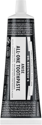 Dr. Bronner’s - All-One Toothpaste (Anise, 5 Ounce, 1-Pack) - 70% Organic Ingredients, Natural and Effective, Fluoride-Free, SLS-Free, Helps Freshen Breath, Reduce Plaque, Whiten Teeth, Vegan