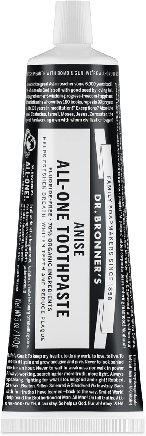 Dr. Bronner’s - All-One Toothpaste (Anise, 5 Ounce, 1-Pack) - 70% Organic Ingredients, Natural and Effective, Fluoride-Free, SLS-Free, Helps Freshen Breath, Reduce Plaque, Whiten Teeth, Vegan