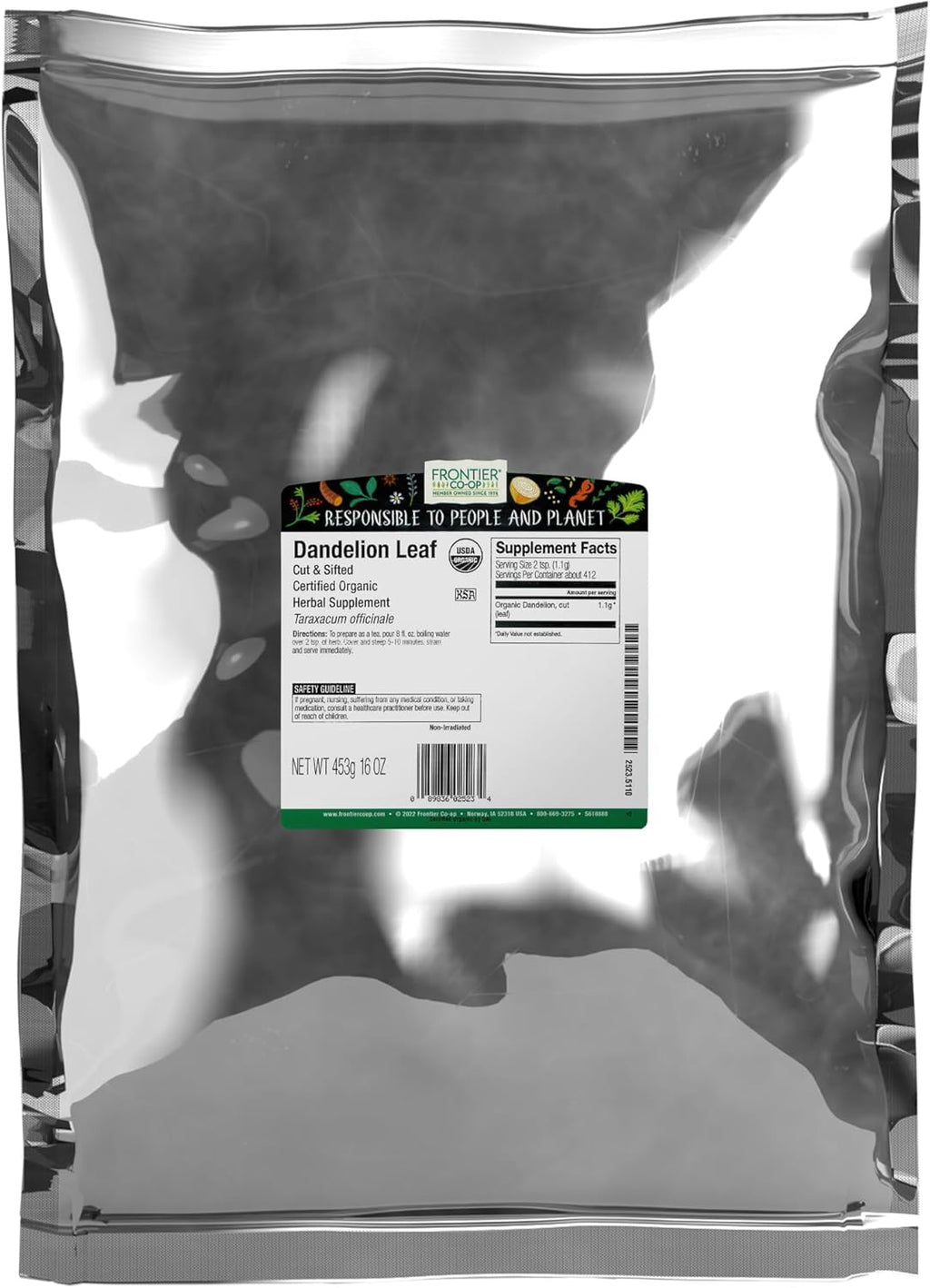 Frontier Co-op Organic Dandelion Leaf, Cut and Sifted - Dried for Loose Tea, Caffeine-Free Coffee Alternative, or Powder Supplement Capsules - Kosher | 16 Ounce (Pack of 1)