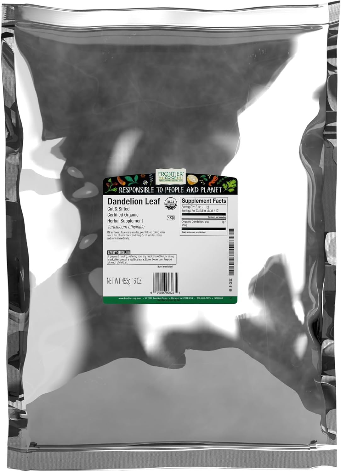 Frontier Co-op Organic Dandelion Leaf, Cut and Sifted - Dried for Loose Tea, Caffeine-Free Coffee Alternative, or Powder Supplement Capsules - Kosher | 16 Ounce (Pack of 1)