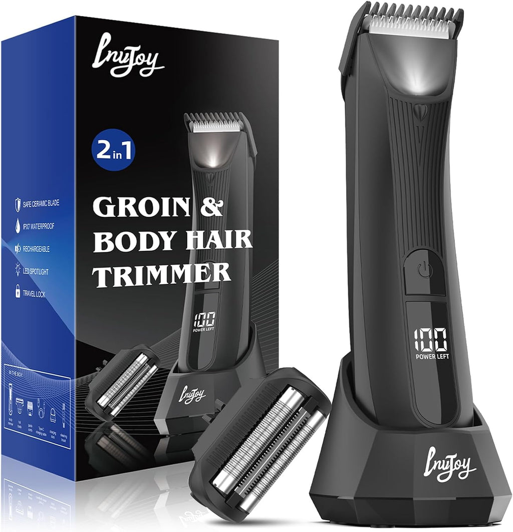 INVJOY Manscape Body Trimmer for Men, Waterproof Electric Razor/Shavers with Dual-Head for Facial, Pubic & Groin Hair Grooming, Ceramic & Foil Blades Hair Trimmer with LED - Birthday Gift for Him Dad