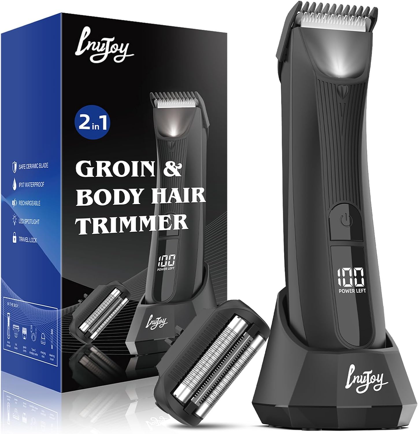 INVJOY Manscape Body Trimmer for Men, Waterproof Electric Razor/Shavers with Dual-Head for Facial, Pubic & Groin Hair Grooming, Ceramic & Foil Blades Hair Trimmer with LED - Birthday Gift for Him Dad