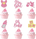24pcs It's a Girl Cupcake Toppers, Glitter Baby Bottle & Bow Dress Decorations for Baby Shower, Gender Reveal, Kids Girls Birthday Party