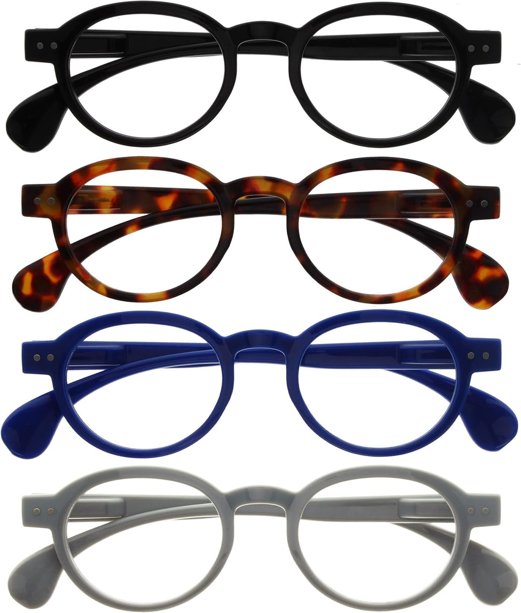 OPULIZE OCA Reading glasses for Women Men,Scratch Resistant Modern Retro Round frame with Spring Hinges, Black, Brown Tortoiseshell, Blue, Grey +1 (Pack of 4)