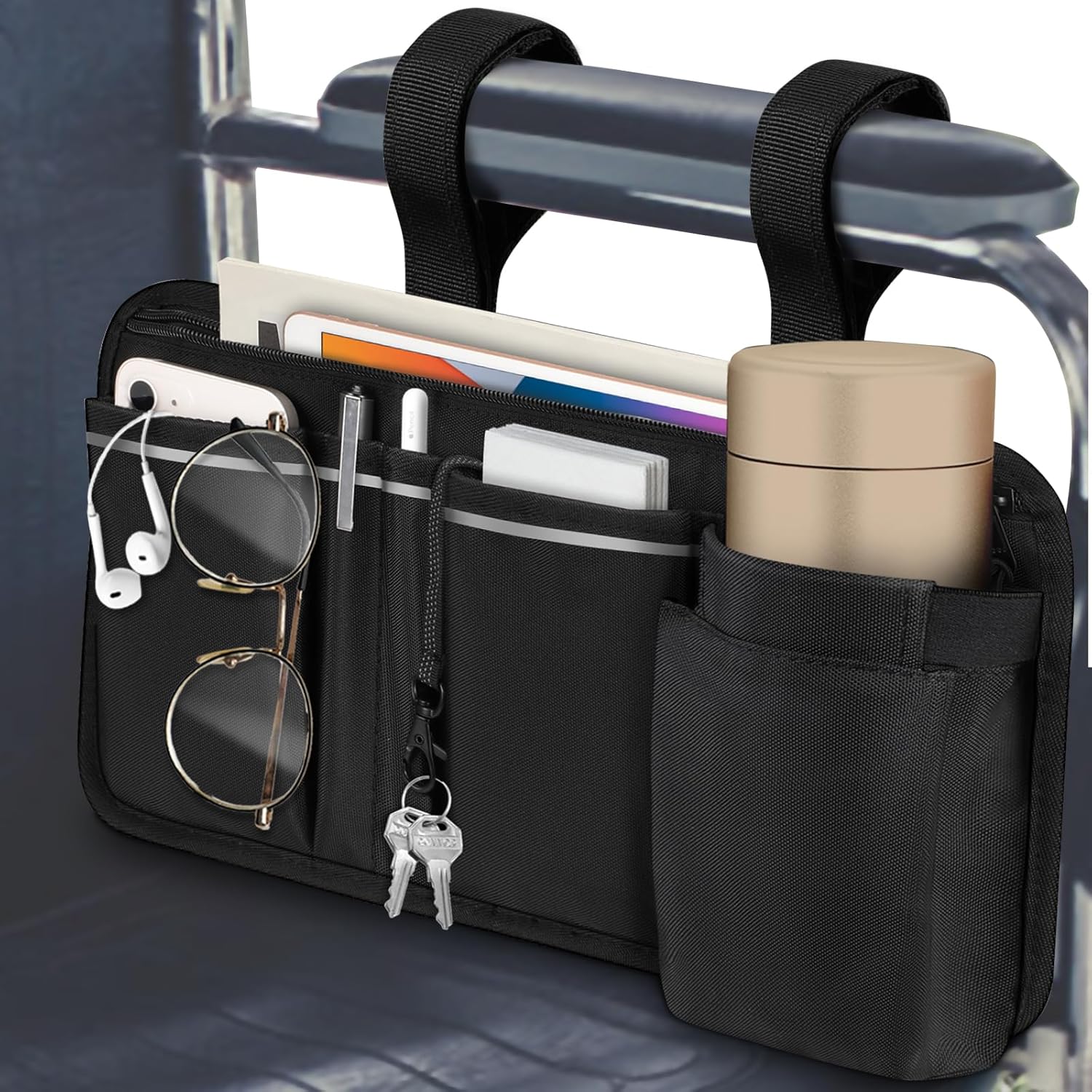 FINPAC Wheelchair Side Organizer Bag with Cup Holder, Wheelchair Armrest Accessories Pouch with Pen Slot and Reflective Strips for Power Wheelchairs, Walkers, Rollators, Adults, Seniors - Black