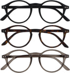 OPULIZE REY Reading Glasses for Women Men, Retro Round Frame with Spring Hinges, Matte Black, Brown Tortoiseshell, Grey +2.50 (Pack of 3)