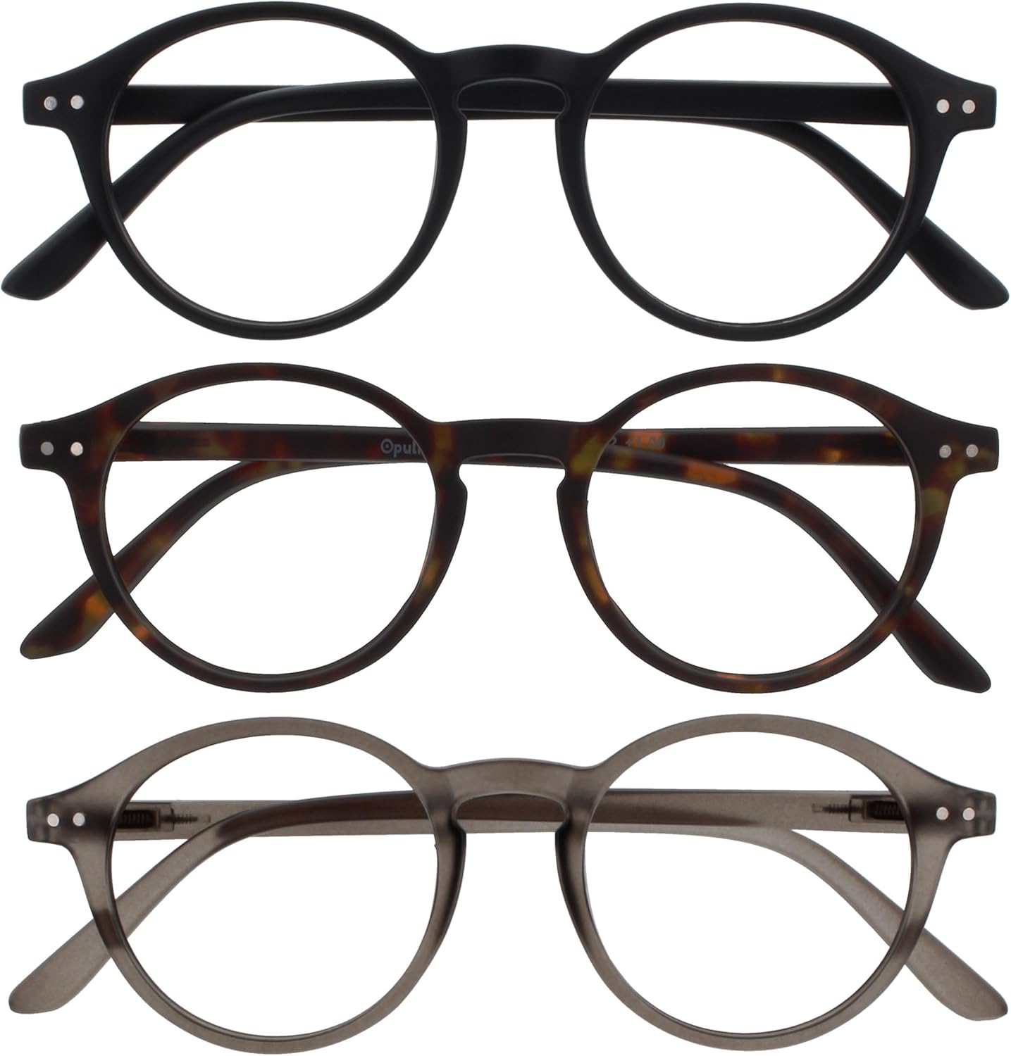 OPULIZE REY Reading Glasses for Women Men, Retro Round Frame with Spring Hinges, Matte Black, Brown Tortoiseshell, Grey +2.50 (Pack of 3)