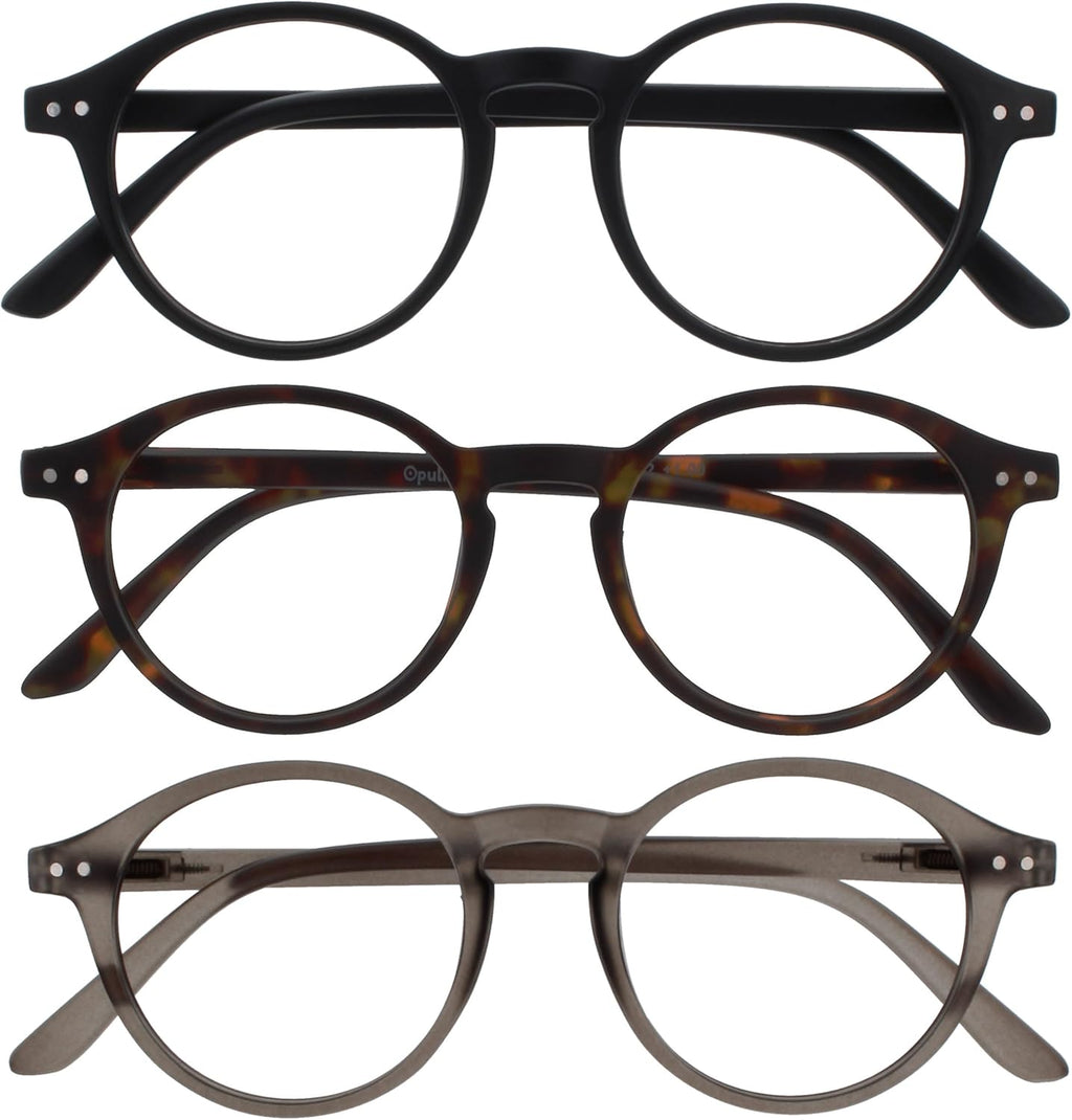 OPULIZE REY Reading Glasses for Women Men, Retro Round Frame with Spring Hinges, Matte Black, Brown Tortoiseshell, Grey +2.00 (Pack of 3)