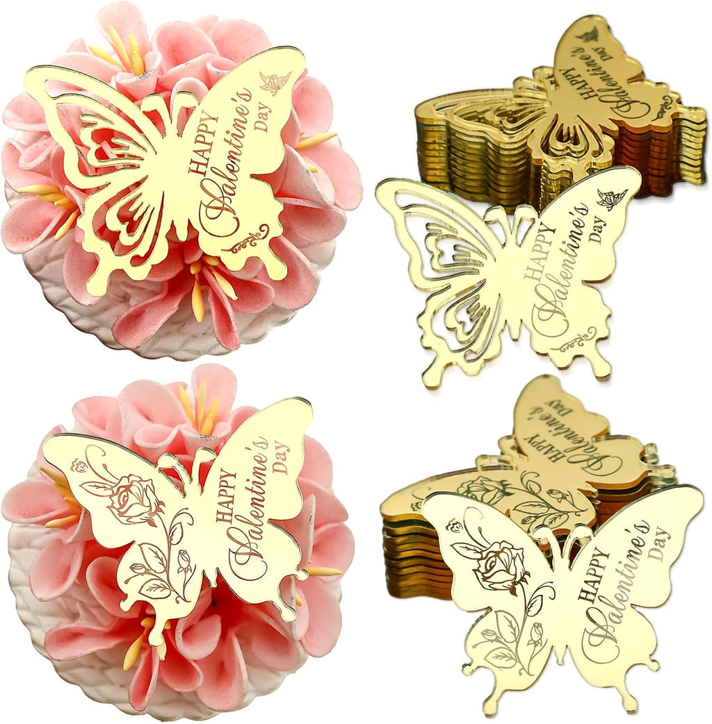 Happy Valentine's Day Butterfly Cupcake Toppers, 24 Pieces, Gold Mirrored Acrylic, Valentine's Day Party Decoration