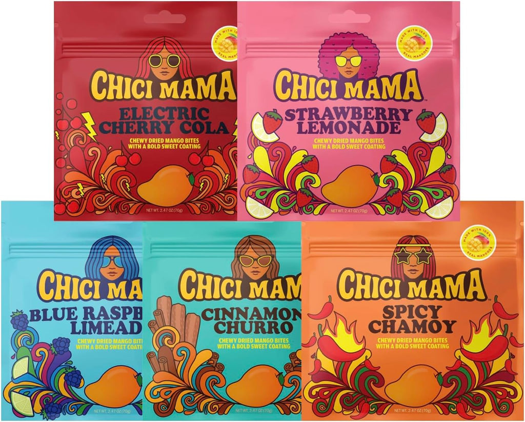 Chici Mama Chewy Mango Bites Variety Pack – 5 Flavors | Made with Real Mango | Fun, Juicy Candy-Alternative Treats | Gluten-Free, Plant-Based, & Free of Major Allergens | Better-For-You Snack | 5 Pack – 70g Each