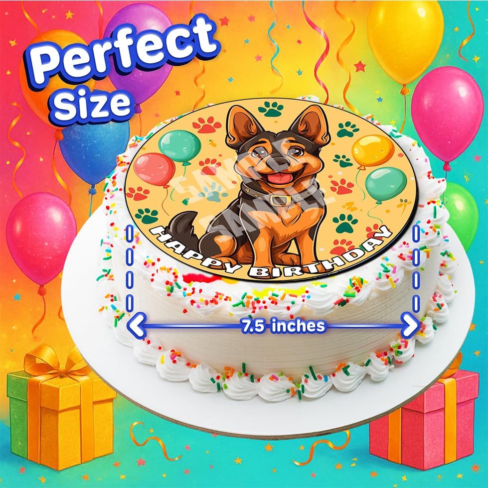 7.5x Inch Edible Cake Toppers – German Shepherd Themed Birthday Party Collection of Edible Cake Decorations