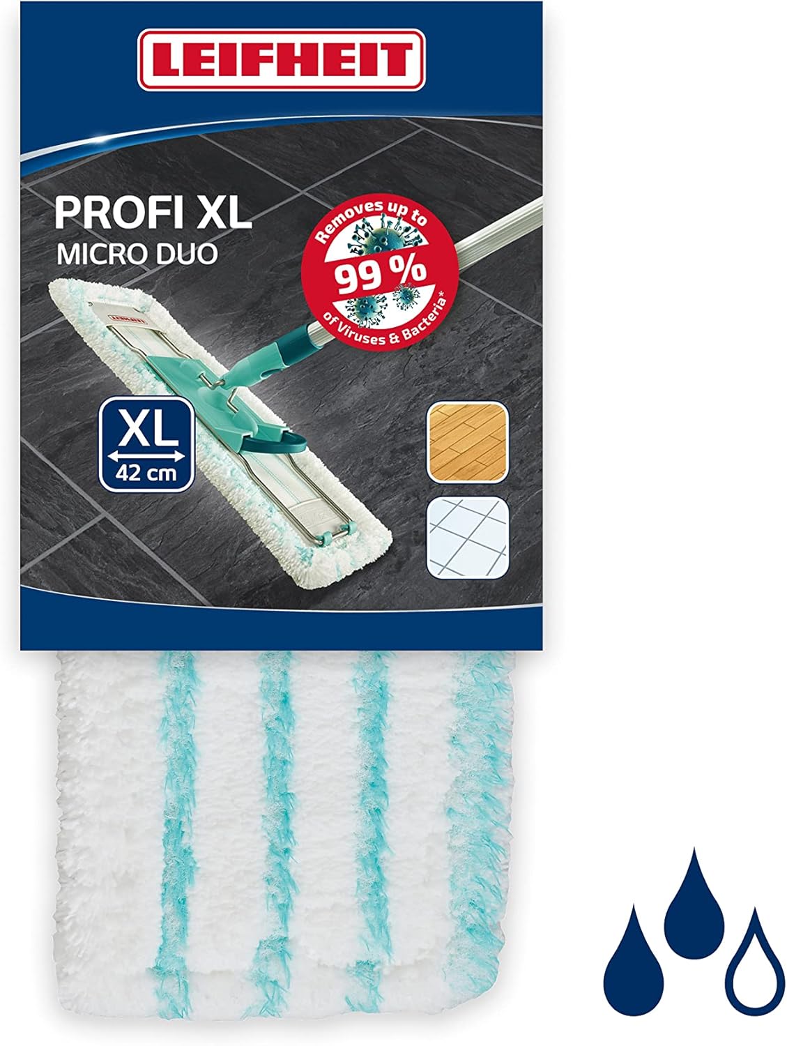 Leifheit Profi XL Mop Replacement Wiper Cover Micro Duo, Micro Fibre Mix for Effective Cleaning Across All Floor Types, Fits All Profi Mops, 42 cm Width