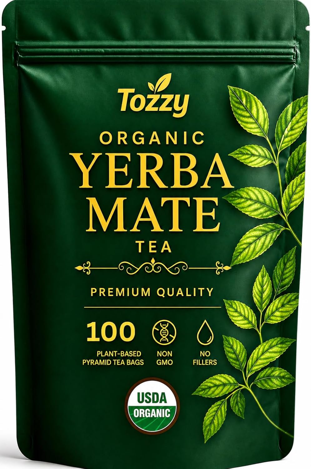 Tozzy Organic Unsmoked Yerba Mate Tea – 100 Count, Plant-Based Pyramid Tea Bags – Packaging May Vary