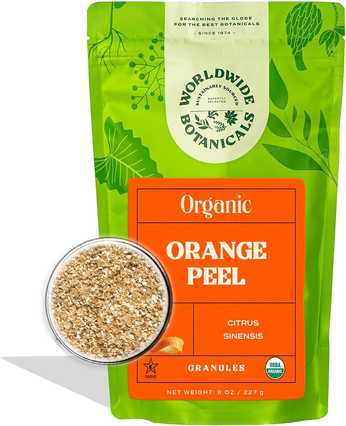 Worldwide Botanicals Organic Orange Peel, Granules – 8 ounces - 100% Citrus sinensis – Sweet Orange Rind, Pith & Zest for Adding Brightness To Teas, Baked Goods, Savory Dishes, & Sauces