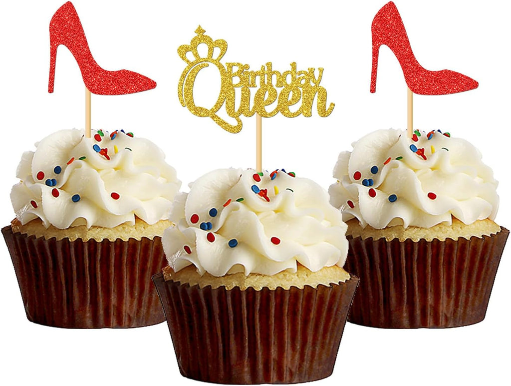 MonMon & Craft 24 Pcs Queen Birthday Cupcake Toppers for Women or Girl's 1st 3rd 30th 40th Birthday Party/Gender Reveal Party Cupcake Decorations/Red Gold Glitter Mom Birthday Cupcake Toppers