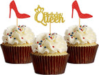 MonMon & Craft 24 Pcs Queen Birthday Cupcake Toppers for Women or Girl's 1st 3rd 30th 40th Birthday Party/Gender Reveal Party Cupcake Decorations/Red Gold Glitter Mom Birthday Cupcake Toppers