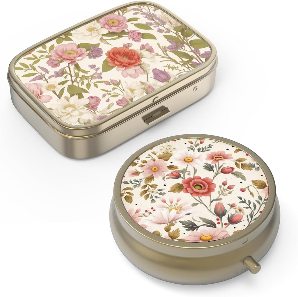 Pill Organizer Pill Box with Mirror Retro Small Pill Case for Purse or Pocket Bronze Pill Box or Vitamins, Fish Oil, Supplements, Pill Containe Travel Gifts（2PCS-Retro Red Flowers）