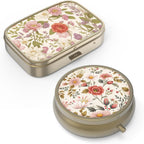 Pill Organizer Pill Box with Mirror Retro Small Pill Case for Purse or Pocket Bronze Pill Box or Vitamins, Fish Oil, Supplements, Pill Containe Travel Gifts（2PCS-Retro Red Flowers）
