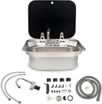 Outdoor Sink, Rv Sink Stainless Steel Hand Wash Basin Kitchen with Lid Glass Cold&Hot Faucet for RV Caravan Camper Boating Bar Spout Strainer Full set