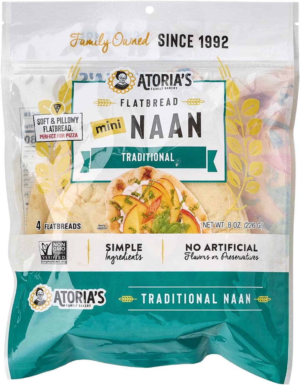 Atoria's Family Bakery Mini Traditional Naan Flatbread 8 Pack | 32 Individual Mini Naans | Fresh Baked, All Natural, GMO Free and No Artificial Preservatives or Flavors 8-Packs of 4 Sheets (32 Sheets)